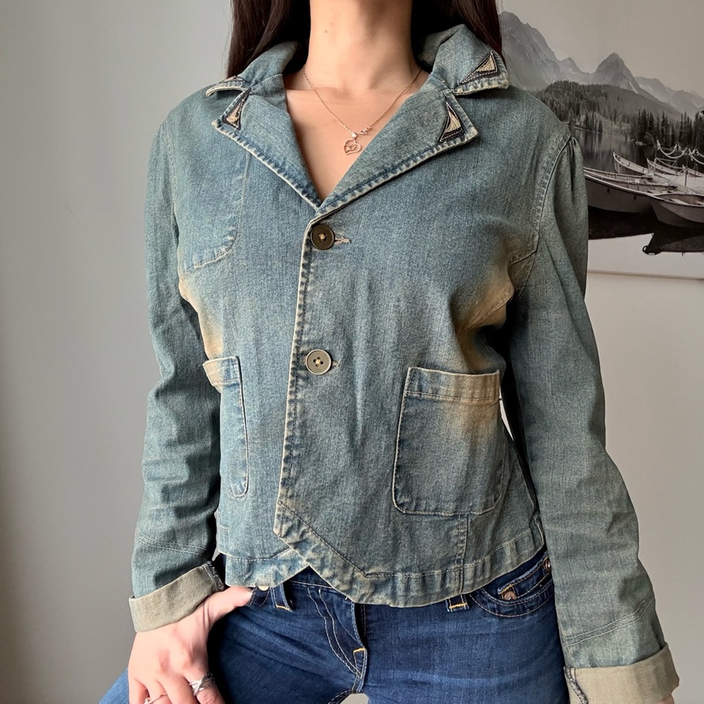 Y2K Acid Wash Denim Blazer — Grunge Cropped Fitted Jacket